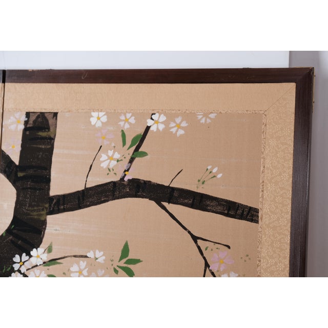 Mid 20th Century Antique Very Good Condition + 1970s Japanese Byobu Hand Painted, Signed featuring 2 Birds and 2 Tree...
