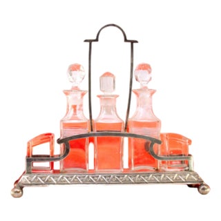 Liqueur Decanter with Silver Structure and Cut Glass Cruets and Salt and Pepper Containers, Set of 5 For Sale