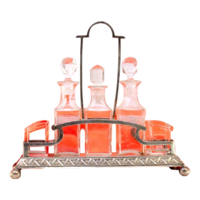 Liqueur Decanter with Silver Structure and Cut Glass Cruets and Salt and Pepper Containers, Set of 5 For Sale