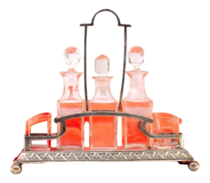 Liqueur Decanter with Silver Structure and Cut Glass Cruets and Salt and Pepper Containers, Set of 5
