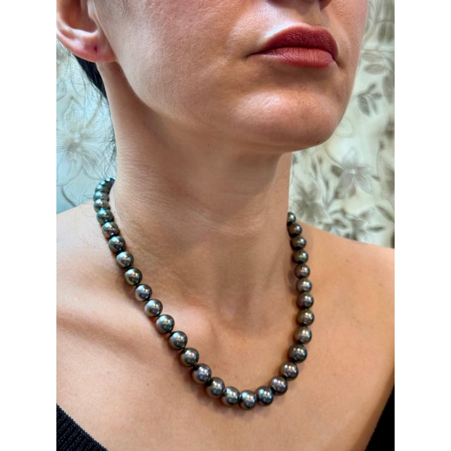 8-11.5 mm Tahitian Black Graduating Pearls Strand Necklace Yellow Gold Clasp 18K For Sale - Image 13 of 18