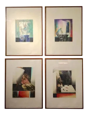 Signed Abstract Intaglio Prints by Kazuko Watanabe, Framed - Set of 4