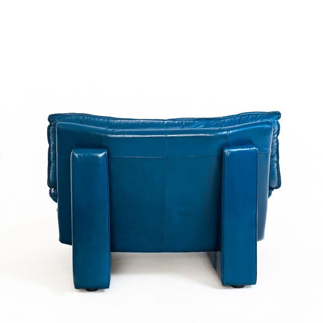 Set of Vintage Blue Leather Armchair and Ottoman by Nicoletti Salotti for Avanti, Italy, 1980s For Sale - Image 9 of 18
