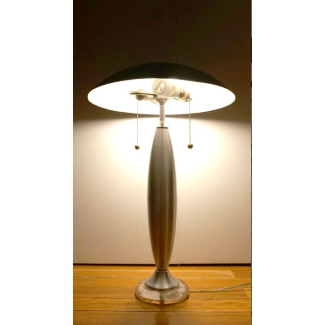 A vintage Midcentury Modern brushed steel or chrome domed double-bulb table lamp Possibly by Laurel Lamp Co., Newark, NJ,...