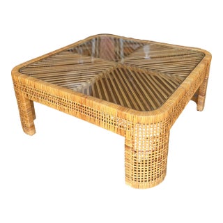 1970s Vintage Rattan and Bamboo Coffee Table With Glass Top and Chevron Pattern For Sale
