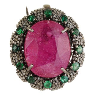 Designer 14.6 Ct Oval Ruby, Emerald & Diamond Ornate Medallion Brooch Pendant For Sale