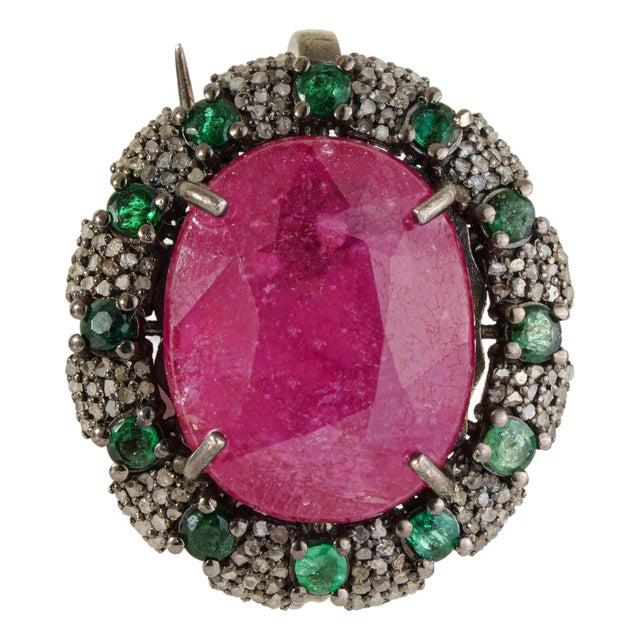 Designer 14.6 Ct Oval Ruby, Emerald & Diamond Ornate Medallion Brooch Pendant For Sale