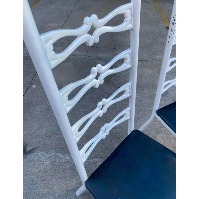 1970s Pair of 1970s Italian Style White Metal Chairs With Navy Blue Leather Cushions For Sale - Image 5 of 8