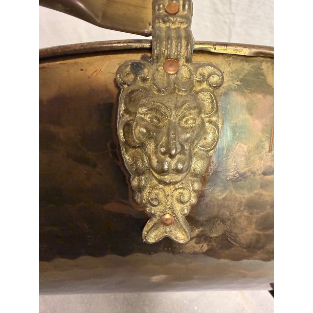 Metal Vintage Hollywood Regency 19" Hammered Brass Log Holder With Lion Heads and Claw Feet For Sale - Image 7 of 12