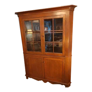 Mid 19th Century Large Antique Wood 4 Door Corner Cabinet With Crown Molding