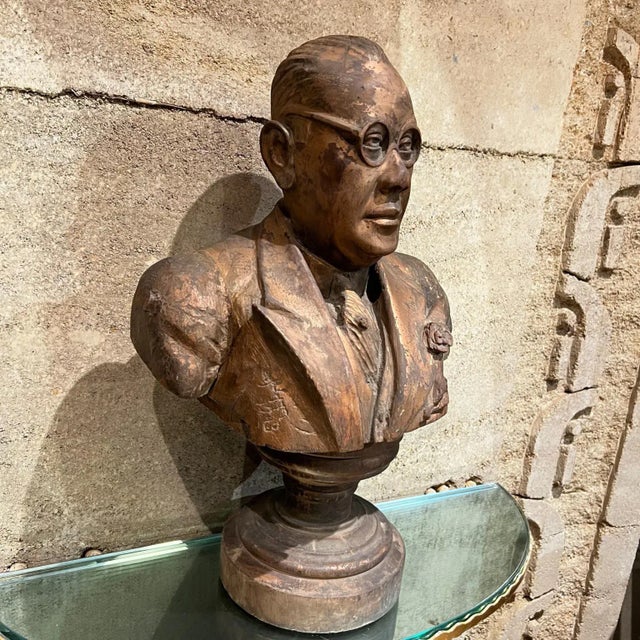 1943 Hand Carved Wood Bust Refined Bespectacled Gentleman Patinated Gold For Sale In San Diego - Image 6 of 13
