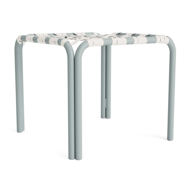 Brown Jordan Kantan Aluminum Stacking Stool/Occasional Table in Harbor with White Lite Vinyl Strapping For Sale