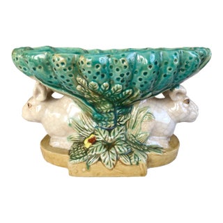 1960s Glazed Twin Rabbit Majolica Style Compote Dish on Footed Base For Sale