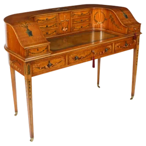 Antique Edwardian Satin Wood and Floral Painted Carlton House Writing Desk, 1890s
