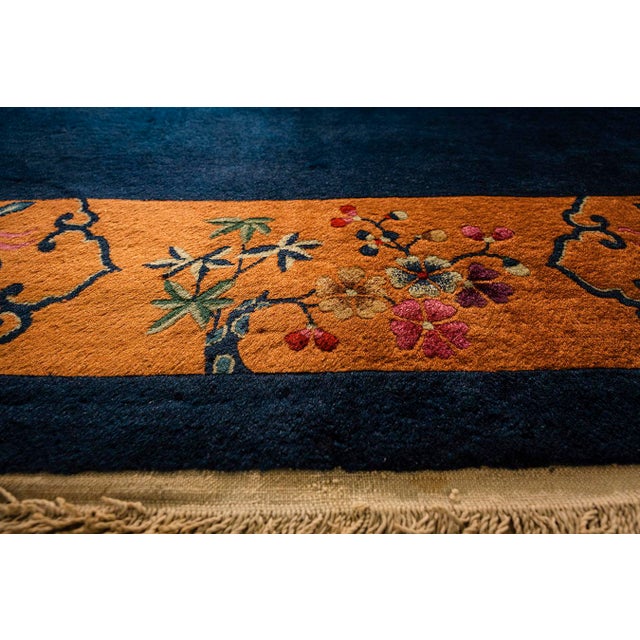 1920s 1920s Antique Blue Navy Grand Scale Medallion Knotted Wool Chinese Art Deco Rug For Sale - Image 5 of 9
