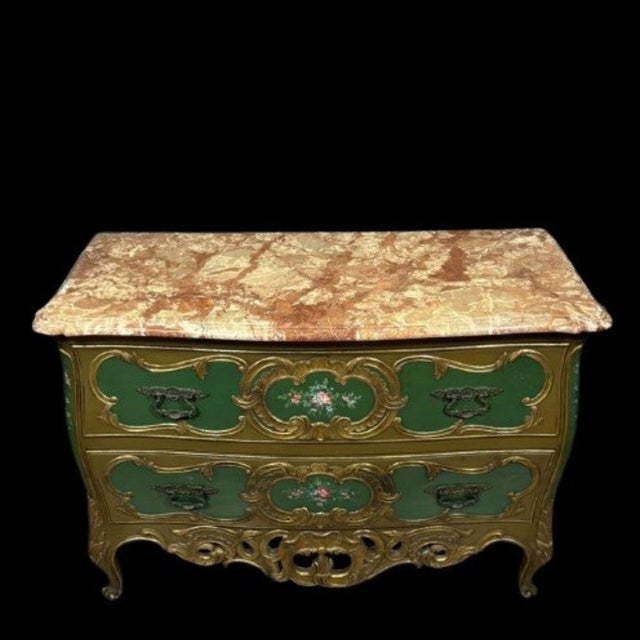 Louis xv style venetian curved commode in gilt and lacquered wood, circa 1900. The front opens with two drawers featuring...