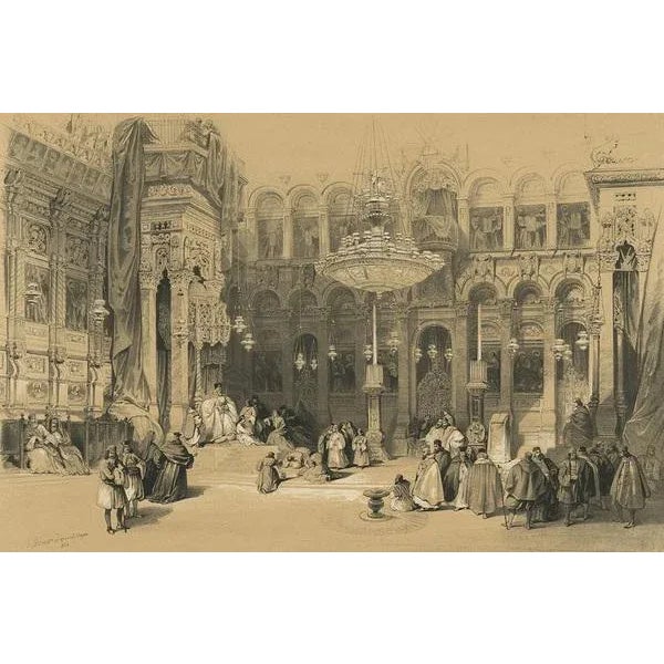 : Antique print titled 'Interieur de l'Eglise Grecque du Saint-Sepulcre'. Tinted lithograph depicting the Greek Chapel of...