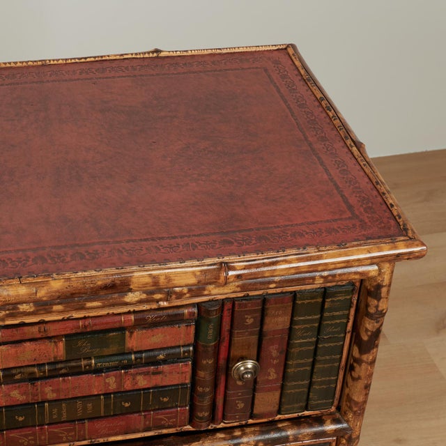 Antique English Bamboo Leather Top Faux Book Chest of Drawers For Sale - Image 13 of 18
