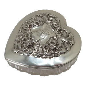 Antique American Victorian Sterling Silver & Hand Cut Crystal Heart Shape Trinket Box by Gorham
