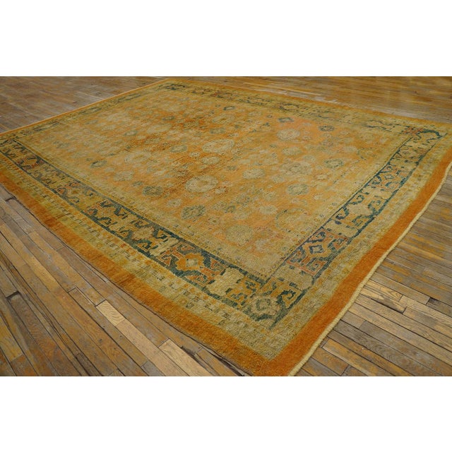 19th Century Turkish Angora Oushak Carpet ( 9'9" x 13'3" - 297 x 403 ) A slate Kufesque border in Caucasian style...