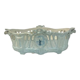 Antique 1800's French Toul-Bellevue j.a. Blue & Ivory Pierced Faience Centerpiece Basket For Sale