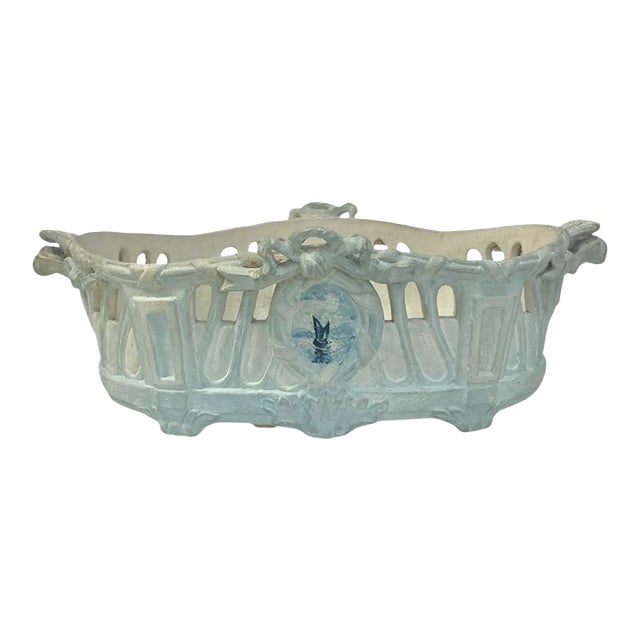 Antique 1800's French Toul-Bellevue j.a. Blue & Ivory Pierced Faience Centerpiece Basket For Sale
