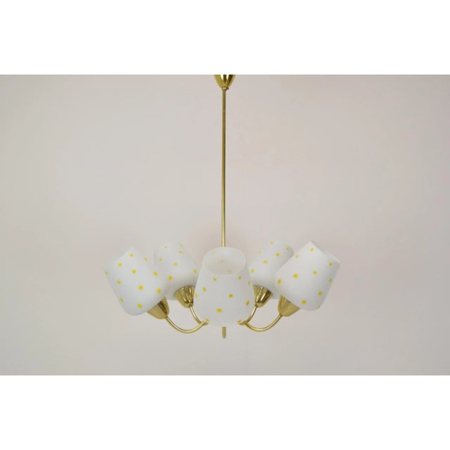 Made in czechoslovakia made of glass, brass 5x e27 or e26 bulb re-polished with aged patina fully functional good original...