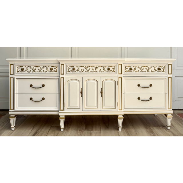 Here is a 1970s Thomasville dresser newly refinished in a custom high-gloss white lacquer-style finish with hand-painted...