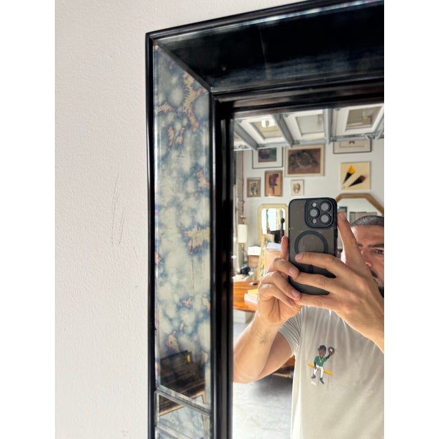 1960s Hollywood Regency Black Framed Distressed Wall Mirror For Sale - Image 4 of 12