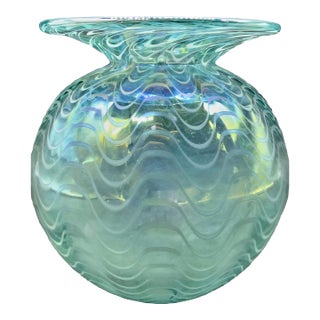 1997 Glass Eye Studio Iridescent Pulled‑Feather Art Glass Vase For Sale