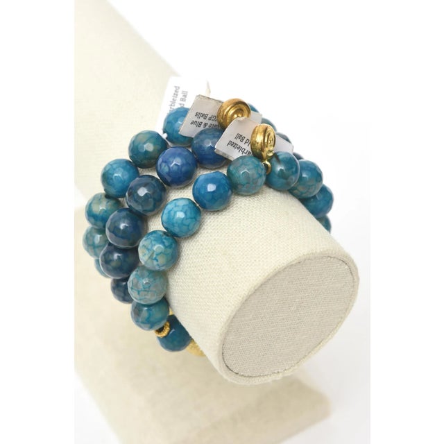 Set of 3 Jeweler Custom Made Beaded Blue Sapphire Agate Gold Ball Bracelets For Sale - Image 9 of 10