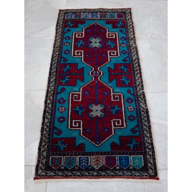 Hand Knotted Oushak Rug Low Pile Faded Entryway Mat Small Rug Yastik - 20'' X 44'' For Sale - Image 12 of 13