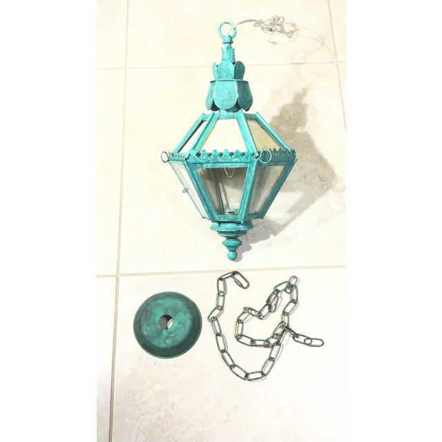 Vintage Verdigris Patina Lantern – Art Glass Hanging Chandelier/ Pendant For Sale - Image 15 of 16