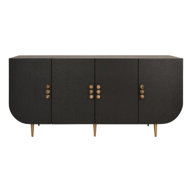 Matthew Izzo Home Deluca Black Grasscloth Four Door Buffet With Stone Hardware For Sale