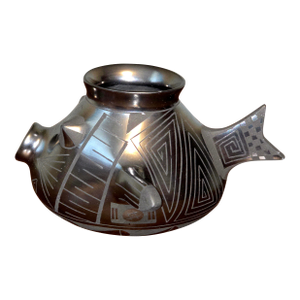 Mid 20th Century Mata Ortiz Blackware Fish Vase by Carolina – Etched Geometric Motifs