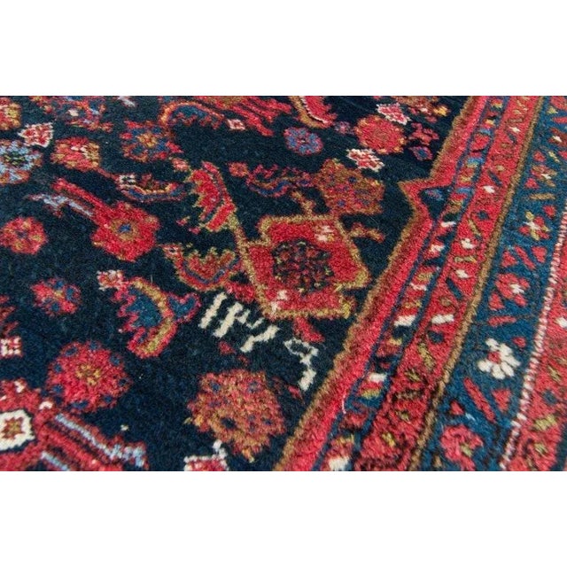 Ink Blue 1940s Vintage Floral Geometric Ink Blue Scarlet Red Hand Knotted Wool Low Pile Accent Rug - 3’4” X 6’4” For Sale - Image 8 of 11