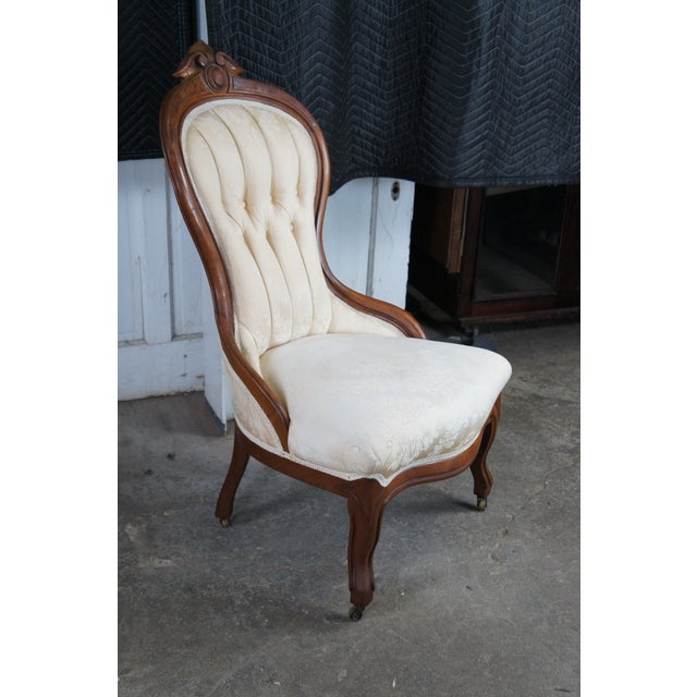 3 Antique Victorian Renaissance Revival Carved Walnut Upholstered Parlor Chairs For Sale - Image 9 of 14