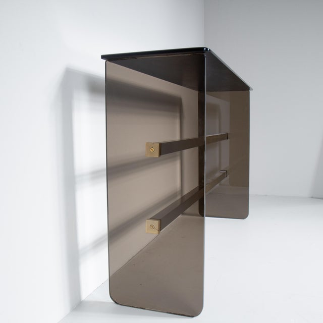 Console Table in Smoked Glass with Cut Mirror, 1970, Set of 2 For Sale - Image 5 of 13