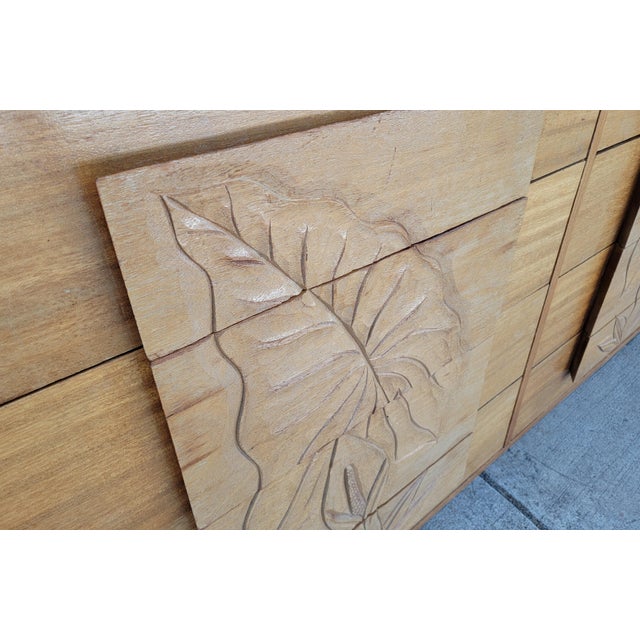 Mid-Century Modern Hawaiian Style Dresser With Relief Carved Tropical Foliage 1950's For Sale - Image 9 of 18