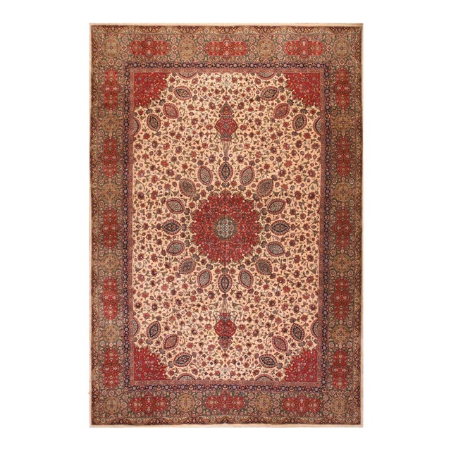1940s Ivory Medallion Antique Persian Tabriz Rug 11' 7" X 16' 6" Handknotted Wool Carpet For Sale