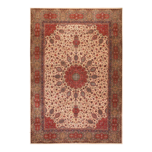 1940s Ivory Medallion Antique Persian Tabriz Rug 11' 7" X 16' 6" Handknotted Wool Carpet