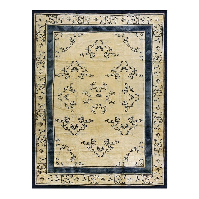 1890s Beige Classic Greek Key Allover Medallion Antique Chinese Peking Wool Rug For Sale