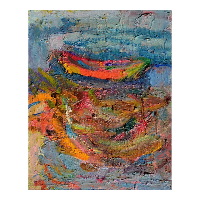 1980s "Boat in Harbor" Abstract Nautical Oil Painting by Kristin Cohen For Sale