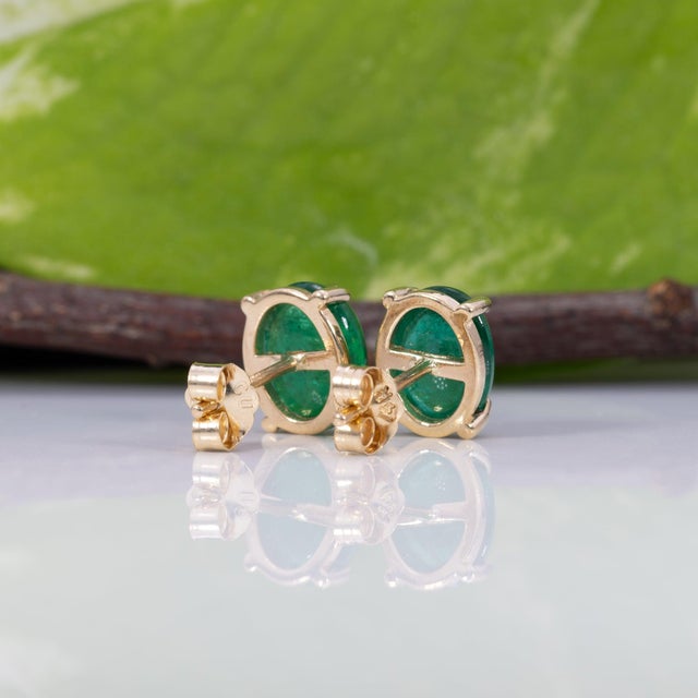 Metal 3.7Ct Zambian Emerald Cabochon Solitaire Stud Earrings in Solid 14k Gold, 9x7mm For Sale - Image 7 of 7