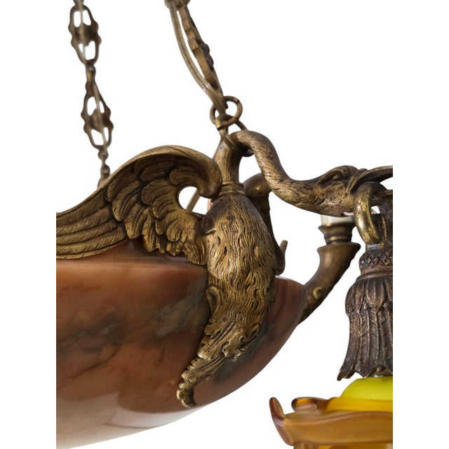 Antique Neoclassical Amber /Honey Alabaster, Gilt Bronze Chandelier W-Griffin Mounts For Sale - Image 16 of 18
