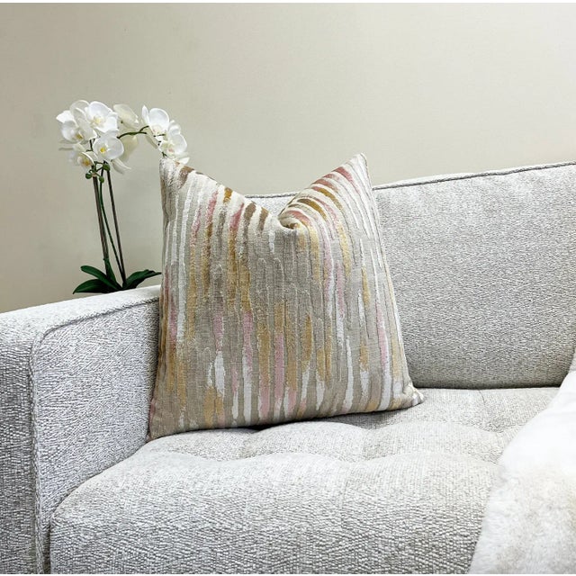 Textile Beige Pink and Gold Velvet Throw Pillow With Feather Down Insert For Sale - Image 7 of 7