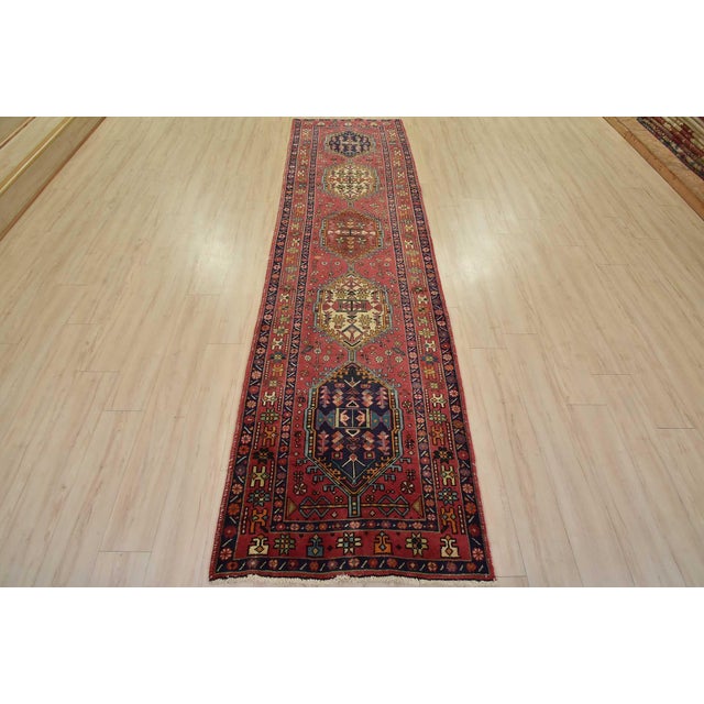 Farmhouse Karajeh Runner 3’3” X 11’4” Red Wool Semi-Antique Tribal Hand-Knotted Rug For Sale - Image 3 of 15