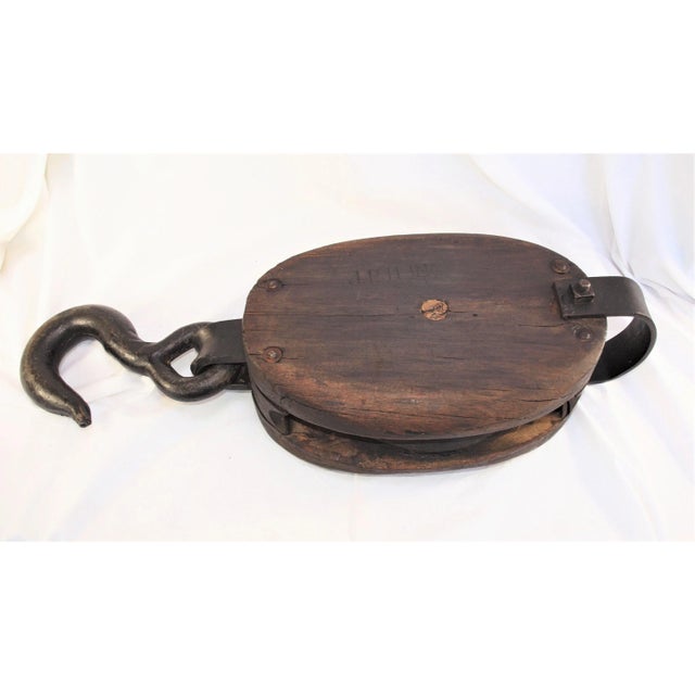 Wood Antique Industrial Design Large Scale Pulley and Hook For Sale - Image 7 of 8