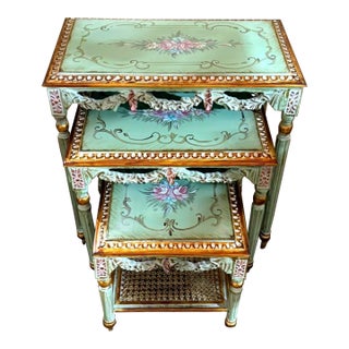 French Style Nesting Tables – Set of 3 Aqua Green Side Tables With Gold Leaf Details For Sale