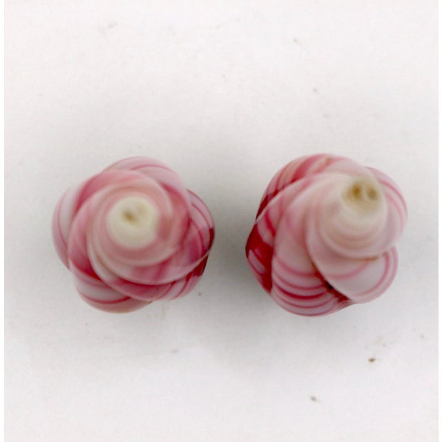 Fenton Art Glass Company Vintage Pink & White Swirl Art Glass Lamp Finials With Brass Bases - A Pair For Sale - Image 4 of 6